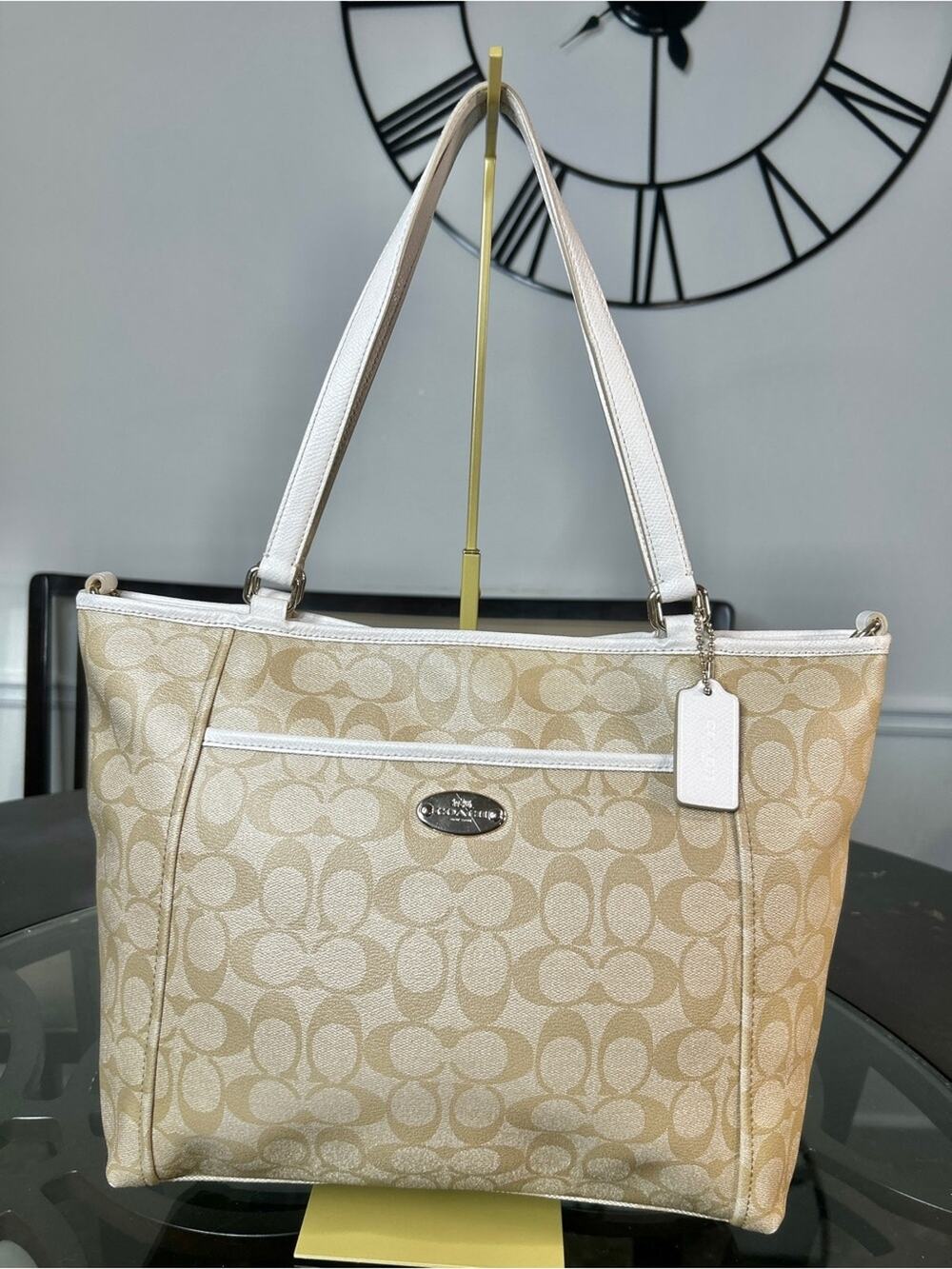 Coach Signature Coated Canvas Zip Top Tote Shoulder Bag Beige White F18917